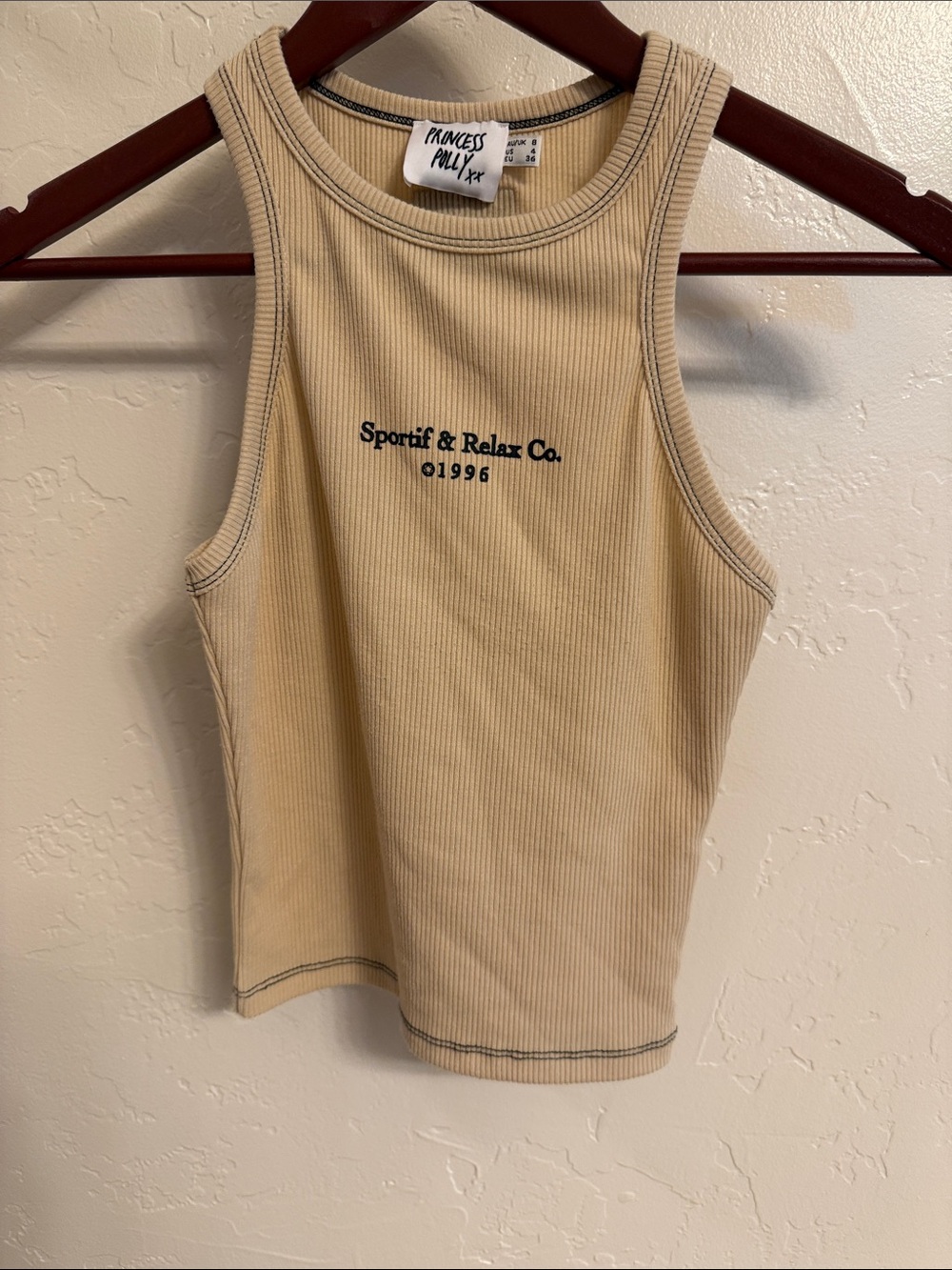 Princess Polly Beige Ribbed Tank with Navy Logo